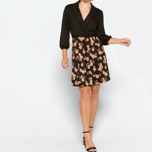 French Grey Black Wrap Top Dress with Peach Floral Skirt